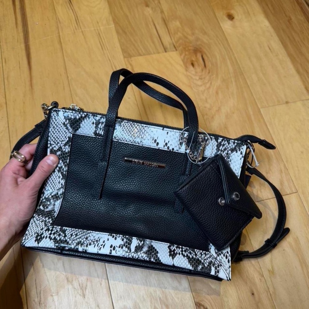 Steve Madden Black & White Snake-Print Purse with Coin Pouch and strap